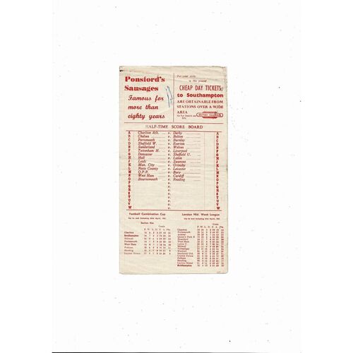 1950/51 Southampton v Brentford Football Programme