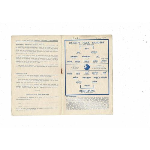 1949/50 Queens Park Rangers v Brentford Football Programme