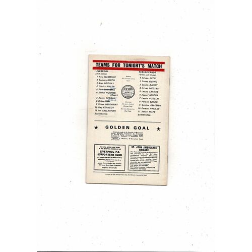 Liverpool v Ferencvaros European Cup Winners Cup Football Programme 1974/75