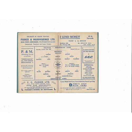 1955/56 Millwall v Shrewsbury Town Football Programme