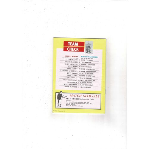 Witton Albion v Bolton Wanderers FA Cup Football Programme 1990/91