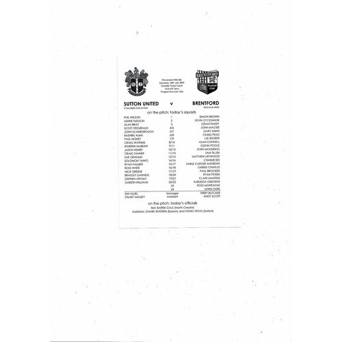 Sutton United v Brentford Friendly Programme 2006/07