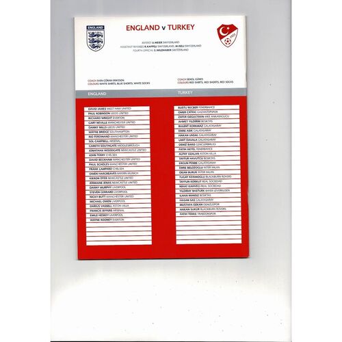 2003 England v Turkey Football Programme