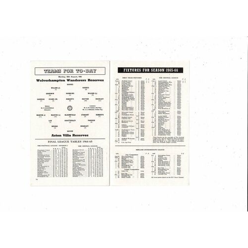 1965/66 Aston Villa v Leicester City & Wolves Reserves Double Football Programme