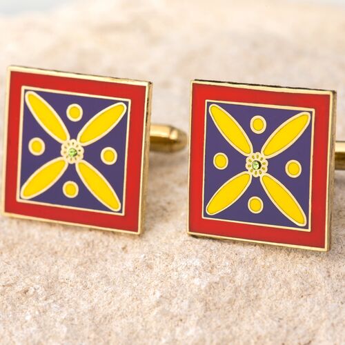 Cufflinks. The Persian Cross. Multi-coloured Cross with 1 Central Green stone. Original Pattern.