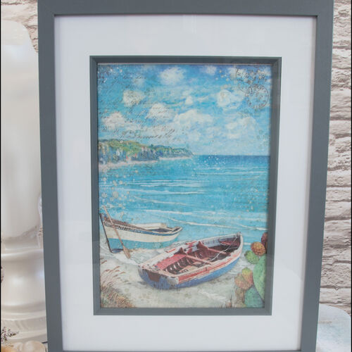Handmade Decoupage Rowing Boats on Shore Wall Art - Grey Frame