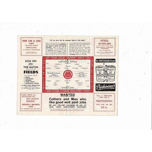 1956/57 Doncaster Rovers v Lincoln City Football Programme