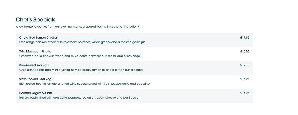 Screenshot of the Basic Price List element in Webfactory's Website Editor