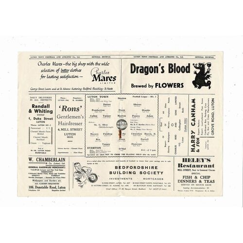 1956/57 Luton Town v Everton Football Programme