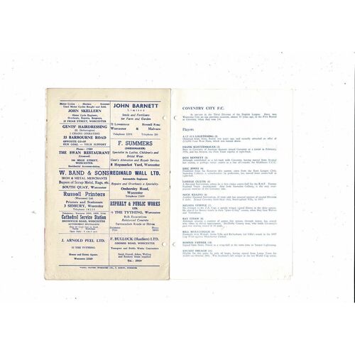 Worcester City v Coventry City FA Cup Football Programme 1960/61