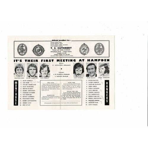 1975/76 Montrose v Rangers Scottish League Cup Semi Final Football Programme