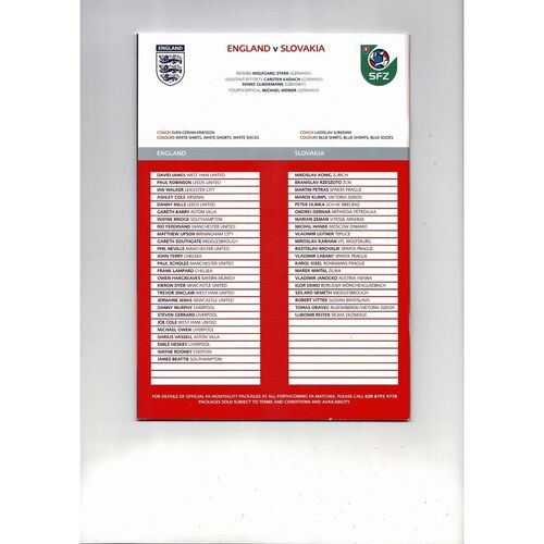 2003 England v Slovakia Football Programme