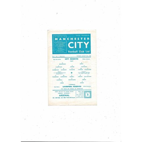 Manchester City v Liverpool Central League Football Programme 1960/61