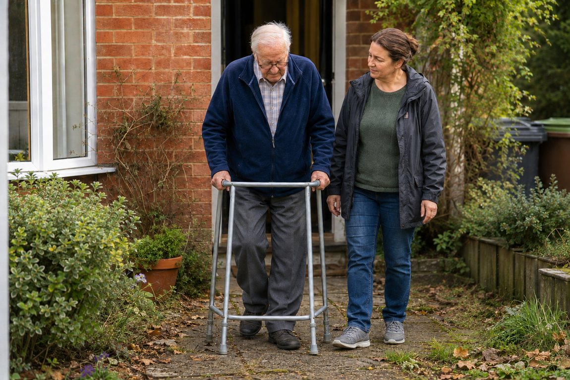 Older man rebuilding his confidence outdoors with support from a familiar Personal Assistant.