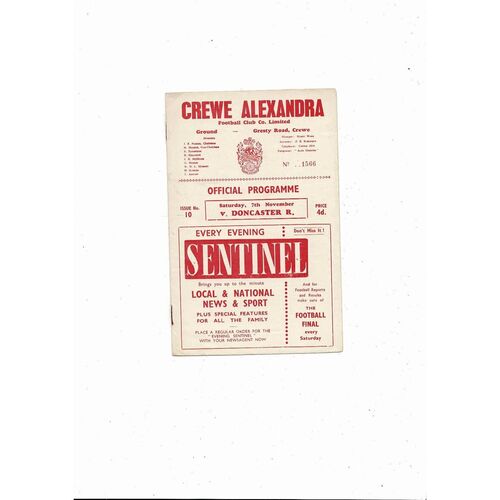 1959/60 Crewe Alexandra v Doncaster Rovers Football Programme