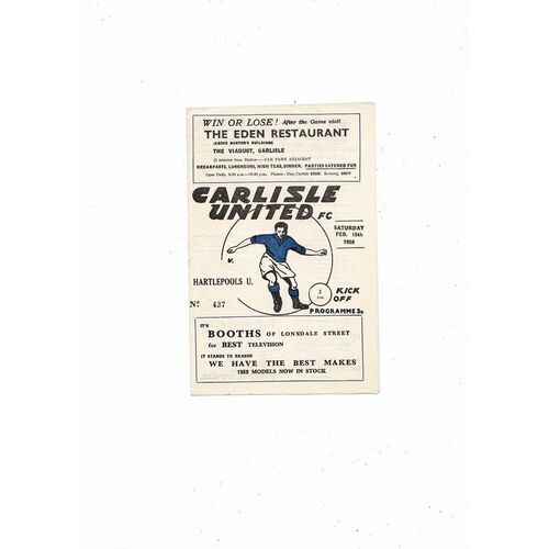1957/58 Carlisle United v Hartlepool United Football Programme