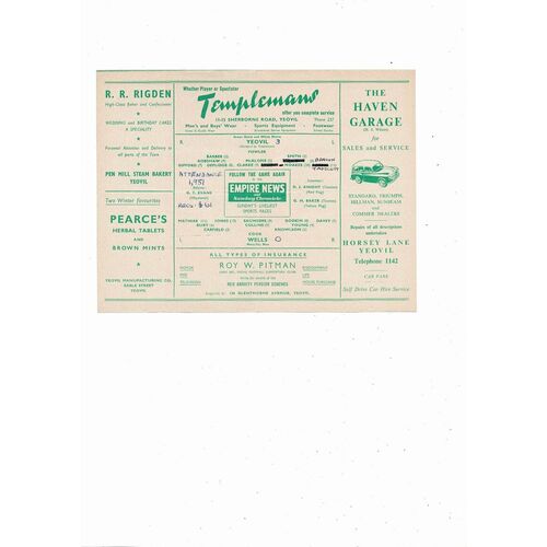 Yeovil Town v Wells City Western League Football Programme 1956/57