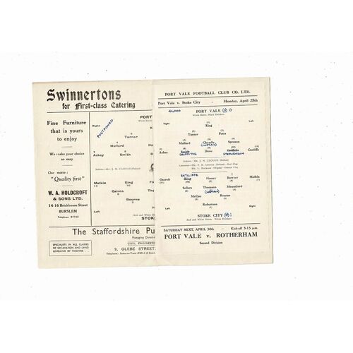 1954/55 Port Vale v Stoke City Programme Postponed + Insert for game played