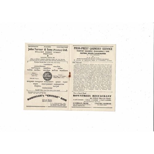 1953/54 Preston v Cardiff City Football Programme