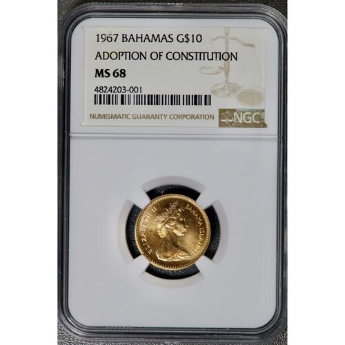 1967 Queen Elizabeth 11 Bahamas gold $10 Adoption of Constitution