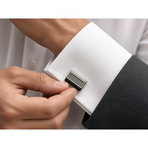 Chrome Rectangular Cufflinks with Bead Grid – 20mm x 8mm (One Pair)