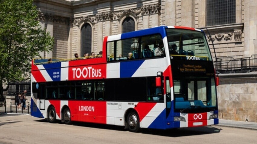 British Union Jack livery on a Tootbus London Optare VXE open top bus.