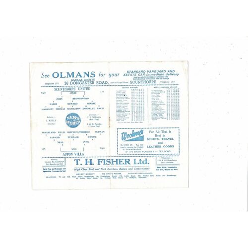 1959/60 Scunthorpe United v Aston Villa Football Programme