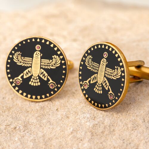 Cufflinks. The Persian Falcon. Black with 3 White Stones.