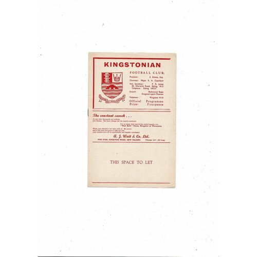Kingstonian v Charlton Athletic Friendly Football Programme 1963/64