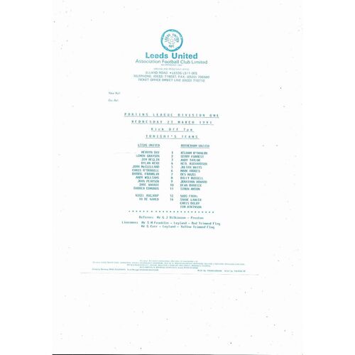 Leeds United v Rotherham Pontins League Football Programme 1990/91
