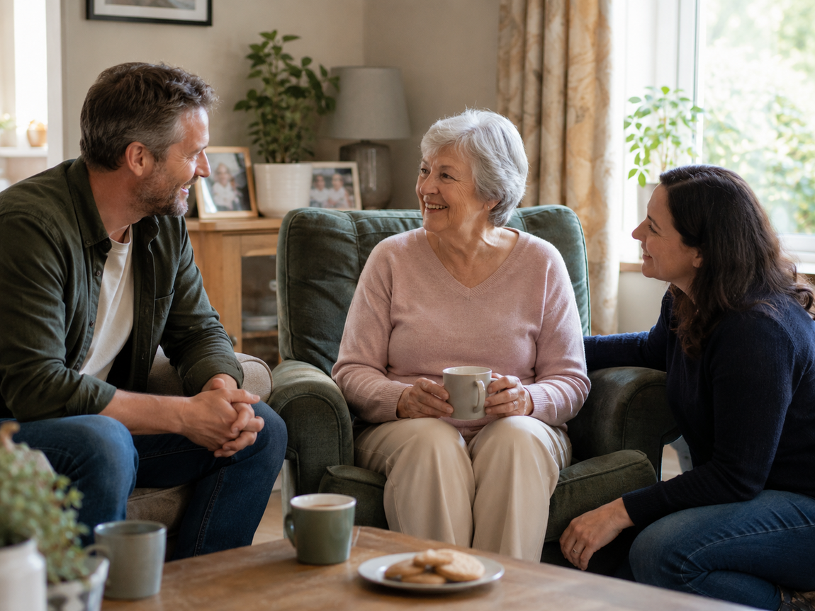 Older woman sitting comfortably in an armchair at home, smiling and talking with a man and woman beside her in a warm living room.