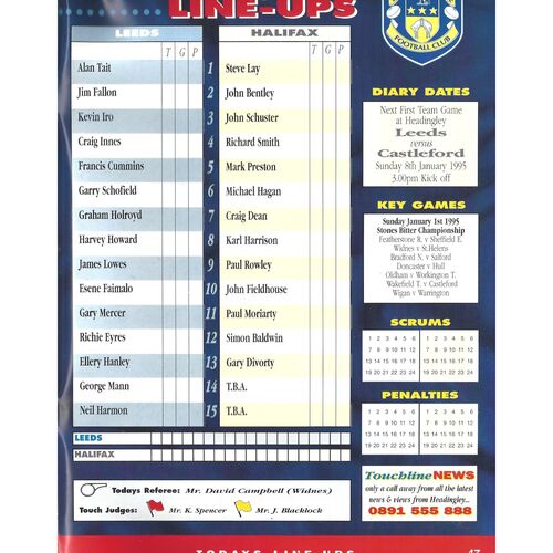 1994/95 Leeds v Halifax (01/01/1995) Rugby League Programme