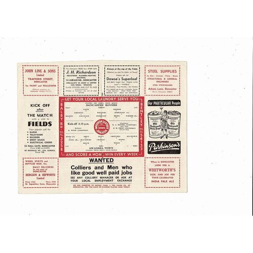 1957/58 Doncaster Rovers v Swansea Football Programme