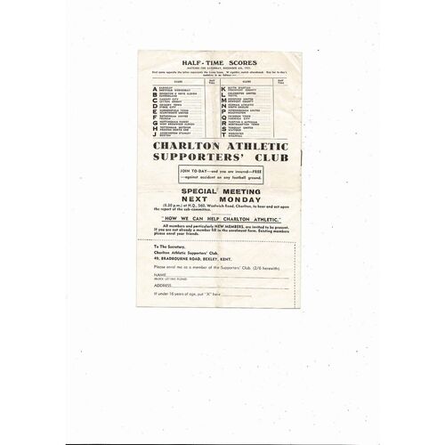 1958/59 Charlton Athletic v Bristol Rovers Football Programme