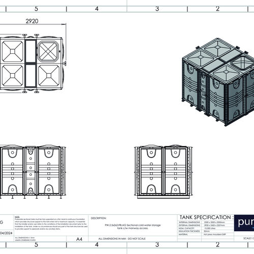 PW.2.5X2X2.IFB.AG - 10000 LITRE SECTIONAL WATER TANK, INTERNALLY FLANGED BASE (IFB)