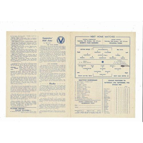1956/57 Leyton Orient v West Ham United Football Programme