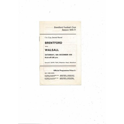 1970/71 Brentford v Walsall FA Cup Football Programme