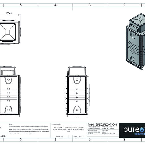 PW.1X1X2.IFB.AB - 2000 LITRE SECTIONAL WATER TANK, INTERNALLY FLANGED BASE (IFB) C/W FVH