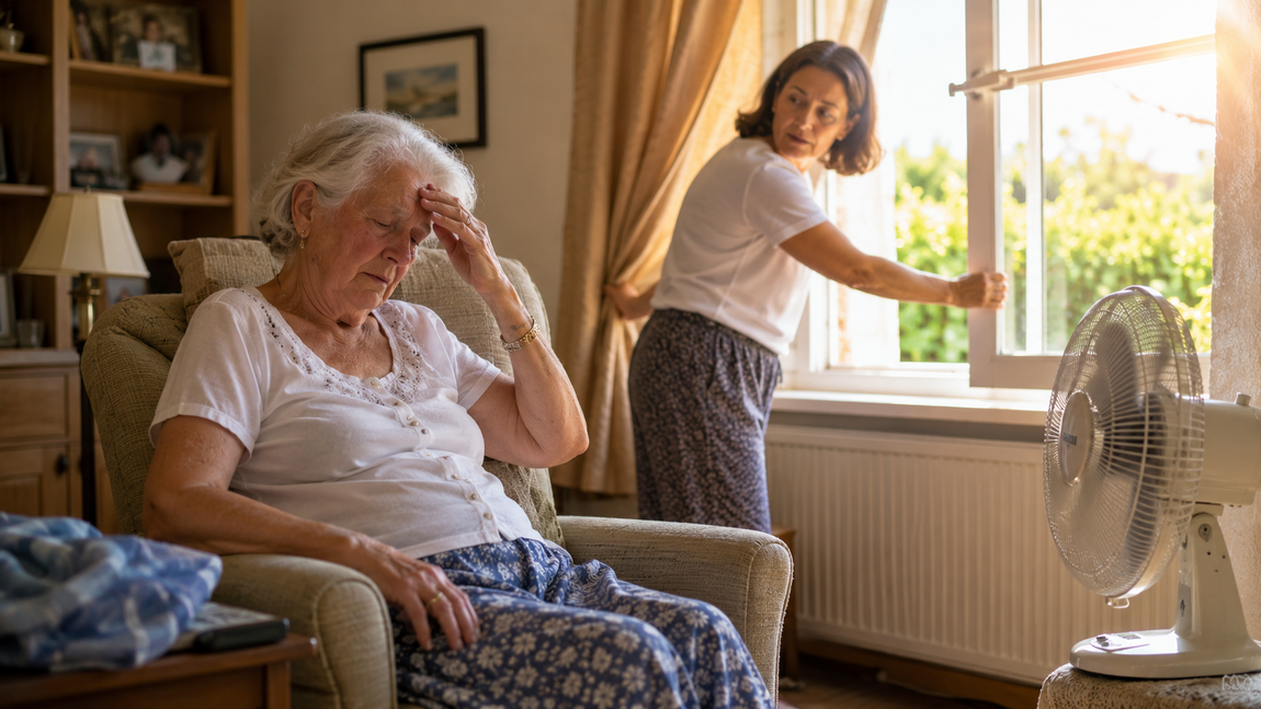 Older woman resting in a chair on a hot summer day while a carer opens the window to help cool the room.