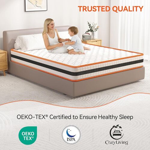CozyLiving Hybrid Memory Foam and Spring Mattress, Double 4ft6 Breathable Memory Foam Mattress, Orthopaedic Comfort, Pressure Relief and Hypoallergenic