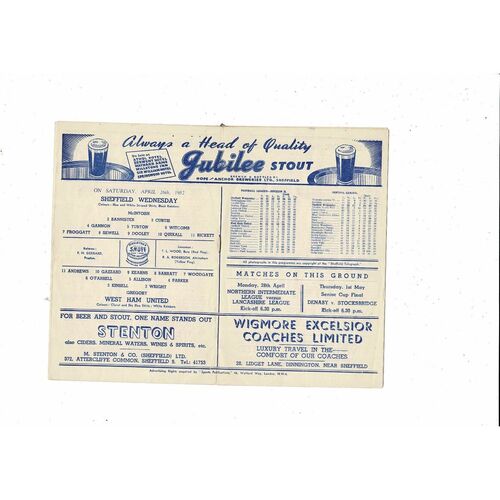 1951/52 Sheffield Wednesday v West Ham United Championship Edition Programme