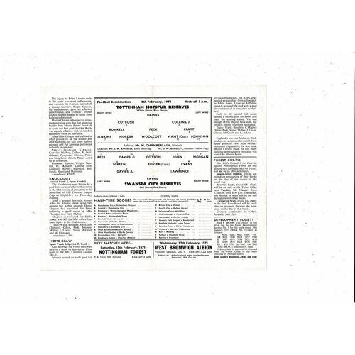 Tottenham Hotspur v Swansea Football Combination Programme 1970/71