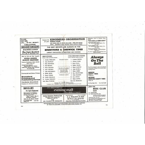 1970/71 Brentford v Colchester United Football Programme March