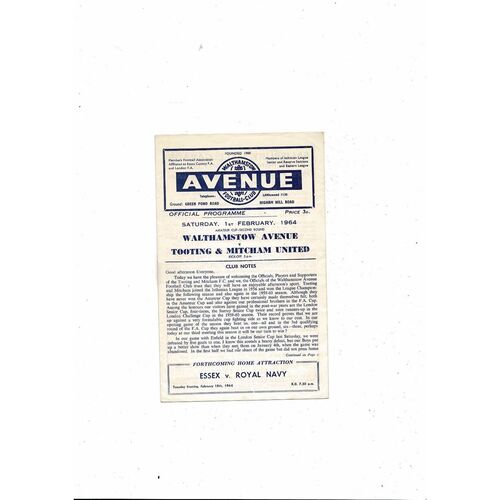 1963/64 Walthamstow Avenue v Tooting & Mitcham Amateur Cup Football Programme