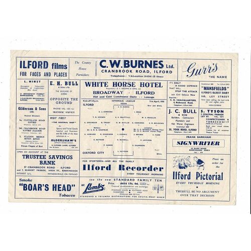 1955/56 Ilford v Oxford City Isthmian League Football Programme