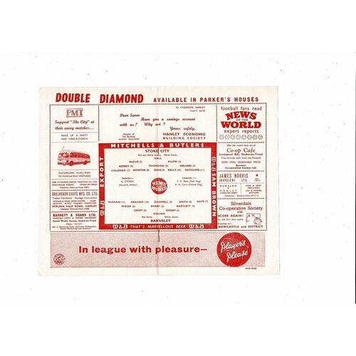 1957/58 Stoke City v Barnsley Football Programme