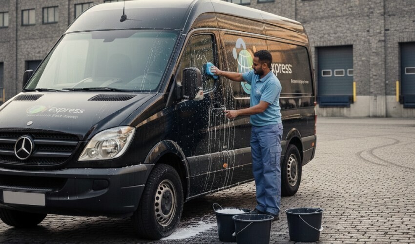 Man handwashing black commercial company van with branded vinyl graphics.