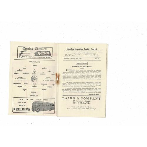 1954/55 Sunderland v Burnley Football Programme
