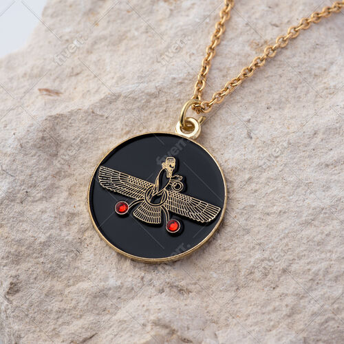 Round Pendant. Vintage Farvahar with Two Red Stones.