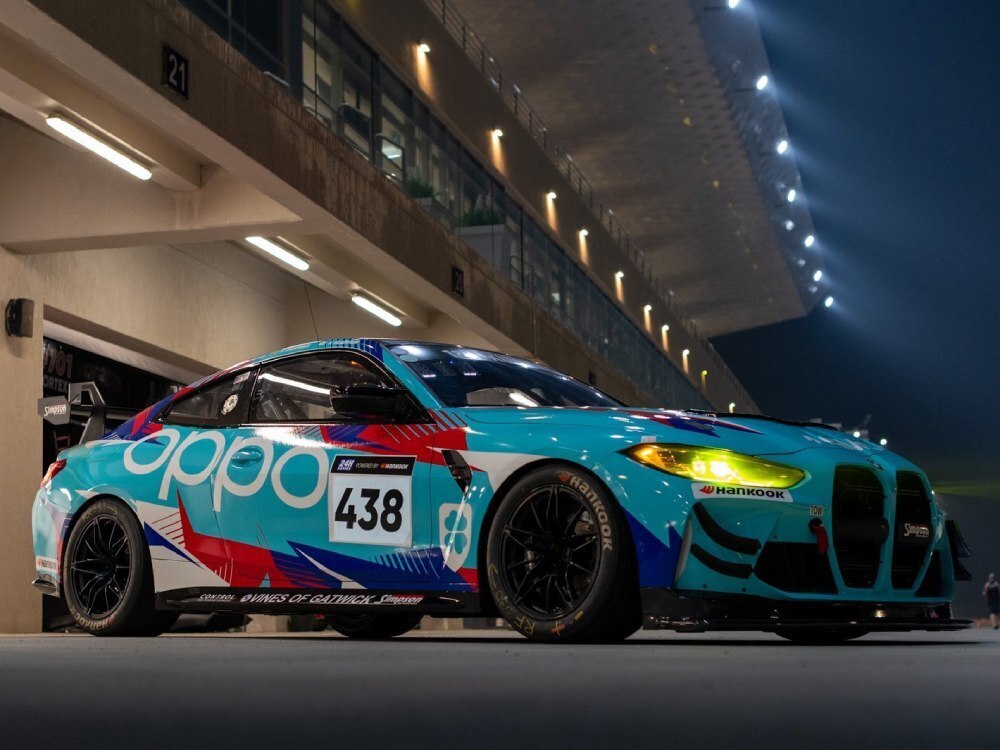 New motorsport livery on a BMW M4 GT4 at night